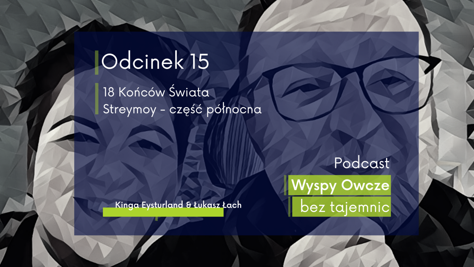 Tekst alt: Grafika promocyjna 15 odcinka podcastu Wyspy Owcze bez tajemnic pt. 18 Końców Świata Streymoy - część północna autorstwa Kingi Eysturland i Łukasza Lacha.